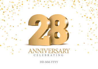 Anniversary 28. gold 3d numbers. Poster template for Celebrating 28th anniversary event party. Vector illustration - obrazy, fototapety, plakaty