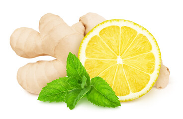 Composition with lemon and ginger isolated on a white background.