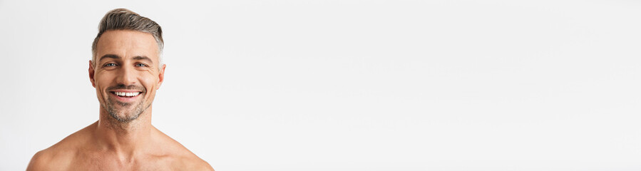 Fototapeta premium Closeup portrait of caucasian half naked man 30s having bristle