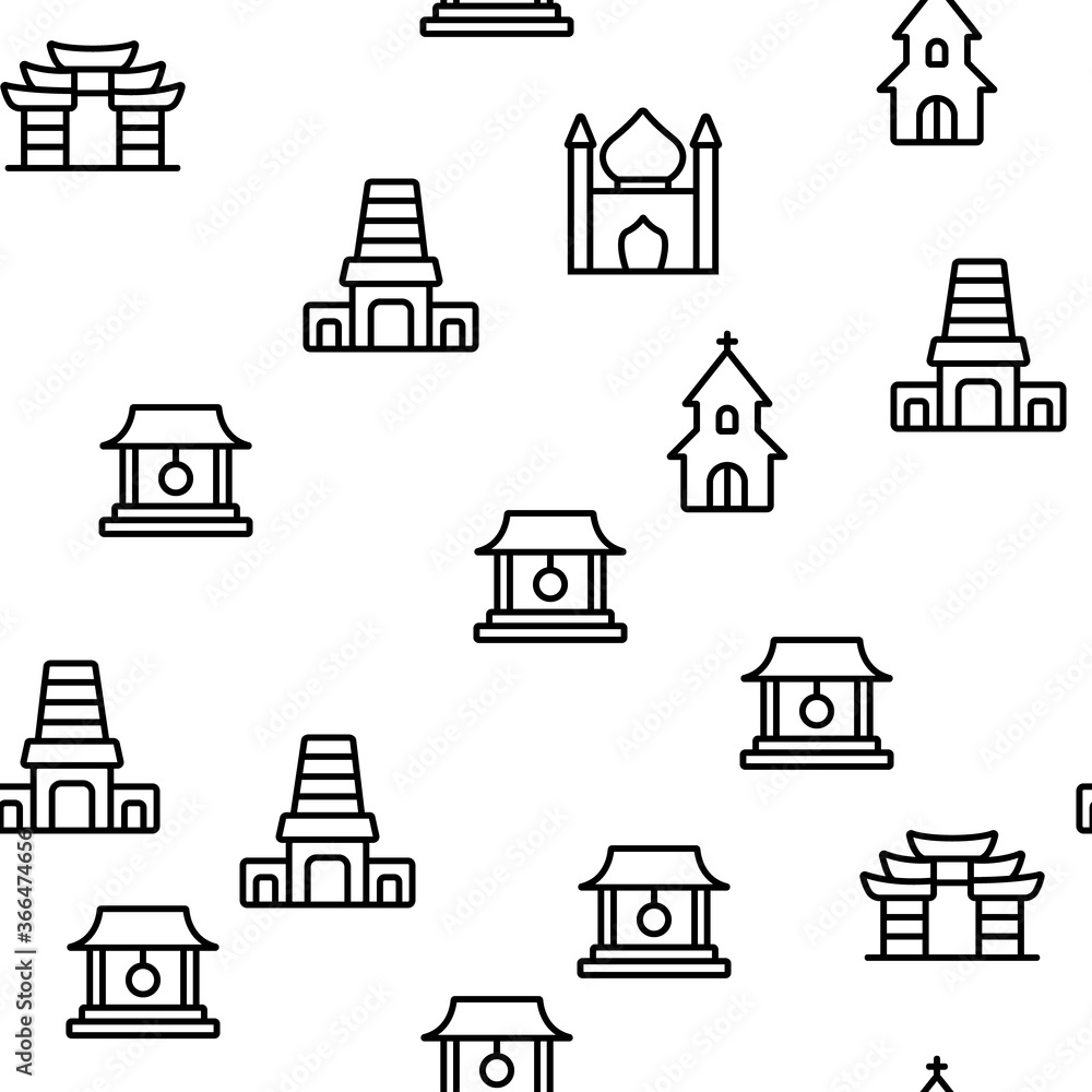 Poster temple architecture building seamless pattern thin line illustration