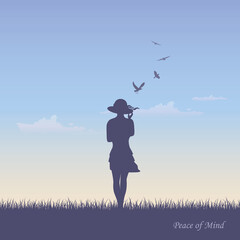 Obraz na płótnie Canvas girl with hat on summer meadow and flying birds in sky vector illustration EPS10