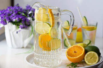 Water with fresh orange, lemon and lime slices.
