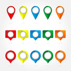 set of colorful flags, round pins and map pointers