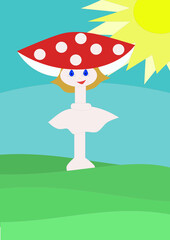 Mrs. Toadstool with red hat with dots. Cartoon mushroom on a green stand with the sun at your back. Children's illustration, drawing.