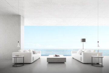 Interior with concrete wall and white sofa set on sea background. 3d render.	
