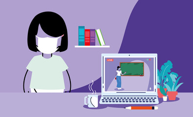 girl studying at home to prevent covid, online education