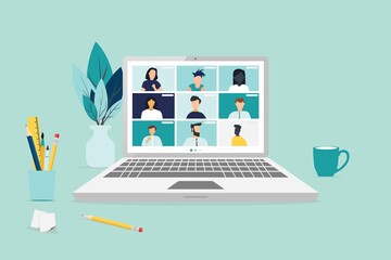 people connecting together, learning or meeting online with teleconference, video conference remote working on laptop computer, work from home and work from anywhere concept, flat vector illustration