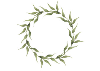 Watercolor circle frame wreath and leaves. Floral banner on white background