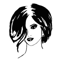 Graphic image in black of a woman's head with a lush hairstyle