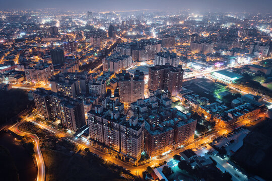 Pingzhen, Taoyuan Aerial Photography at Night - Panoramic modern cityscape building birds eye view use the drone, Asia city concept image, shot in Pingzhen District, Taoyuan, Taiwan.
