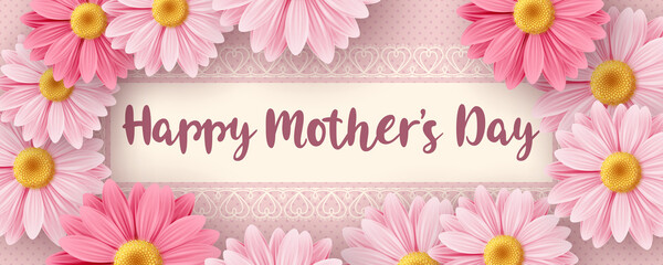 Fototapeta na wymiar Happy Mothers day background with daisy flowers. Greeting card, invitation or sale banner template