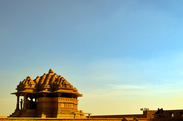 Amazing View of a Hindu Temple at Sunset with Blue and Golden Sky