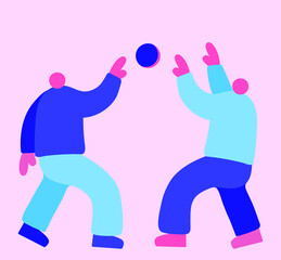 vector isolated illustration minimalistic flat friend characters playing ball. People without faces play basketball and volleyball. sport and team games concept. 
children are walking on vacation