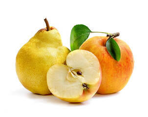 ripe and juicy apples and pears on a white background