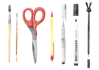 Hand drawn watercolor illustration of different stationery.  Education Back to School concept. Isolated objects on white background.