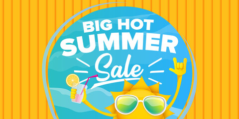 summer sale cartoon horizontal web banner or vector label with happy sun character wearing sunglasses and holding cocktail isolated on horizontal background