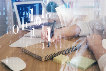 Fototapeta premium Multi exposure of woman's hands on background with technology and digital coding icons. Data development concept.