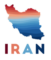 Naklejka premium Iran map. Map of the country with beautiful geometric waves in red and blue colors. Vivid Iran shape. Vector illustration.