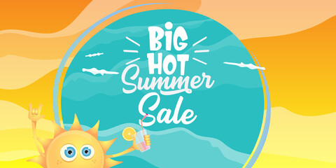 summer sale cartoon horizontal web banner or vector label with happy sun character wearing sunglasses and holding cocktail isolated on horizontal background