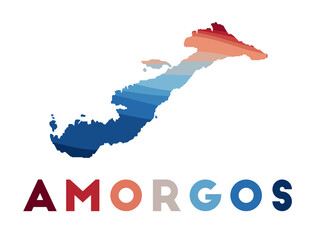 Obraz premium Amorgos map. Map of the island with beautiful geometric waves in red and blue colors. Vivid Amorgos shape. Vector illustration.