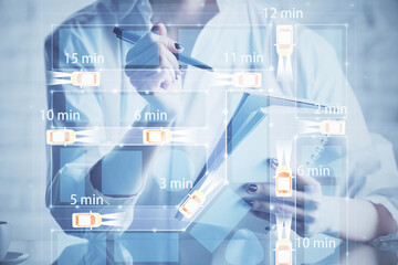 Tech autopilot theme hologram over woman's hands taking notes background. Concept of hightech. Double exposure