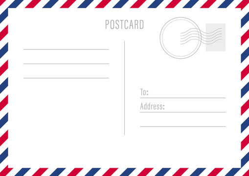 Postcard reverse side template. White sheet with lined text and striped border. Vector illustration.