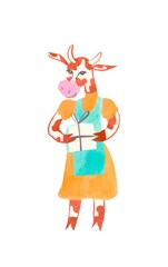 Christmas watercolor cow with a gift and an apron. Festive illustration for the New Year on an isolated white background in orange, red, blue.  Design for cards, banners, posters.