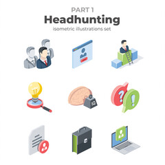 Headhunting vector 3d line isometric, color web icons set, new flat style. Creative illustration, idea for infographics.