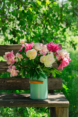 Bouquet of peony flowers in milk can on wooden garden bench