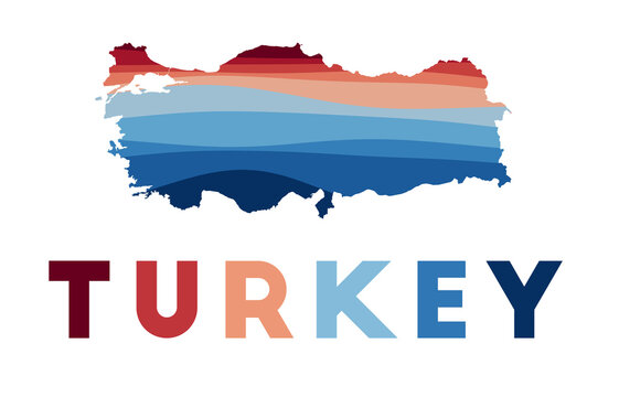 Turkey map. Map of the country with beautiful geometric waves in red blue colors. Vivid Turkey shape. Vector illustration.