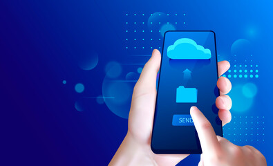 Hand with smartphone. Send a file from smartphone to the cloud storage. Vector illustration.