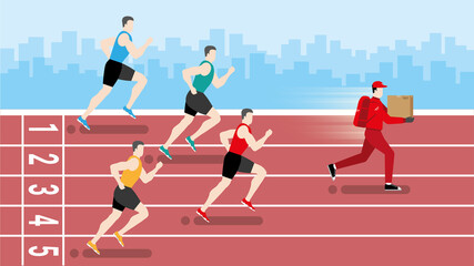 Obraz premium Delivery business competition concept. Faster deliveryman running win over runners athlete in the race track.
