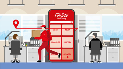 Online shopping and fast delivery concept. Delivery man and parcel box get through a mobile phone application to the customer.
