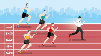 Obraz premium Funny concept. Faster office people running win over runners athlete in the race track.