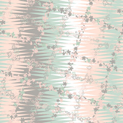 Modern vector seamless pattern with simple flowers and abstract chevron background. Fabric look geometric repeat in retro pastel colors with zig zag shapes