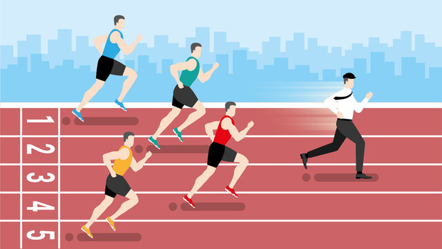 Funny concept. Faster office people running win over runners athlete in the race track.