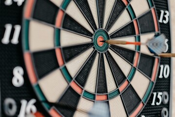 Closeup shot of a dartboard with a pin in the center bullseye- success concept - Powered by Adobe