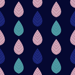 Flat pink, purple and turquoise leaf on dark background. Seamless frozen season pattern. Suitable for textile, packaging.