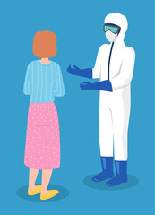 Professional doctor wearing protective suits and consulting to patient woman, virus outbreak emergency concept, coronavirus protection advice. Safety equipment and practice for doctors, workers