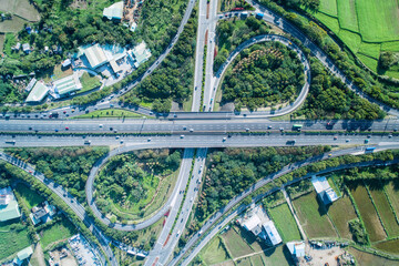 Daxi Interchange Top View - Traffic concept image, Bird&rsquo;s eye aerial view use the drone in morning sunshine, shot in Daxi District, Taoyuan, Taiwan.