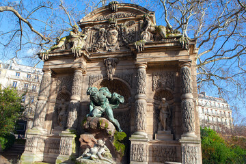 Decorative fountain with sculptures in Paris . Fountain Medici in Luxembourg Garden © Leilani