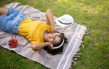 Above view of African American woman with headphones listening to music during picnic at park