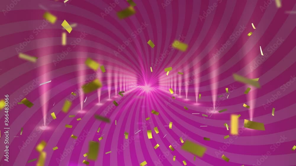 Aufkleber animation of a corridor with lights with gilded confetti on a purple rotating background