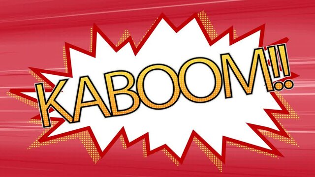 Animation of vintage comic cartoon speech bubble with KABOOM!! text on red striped background