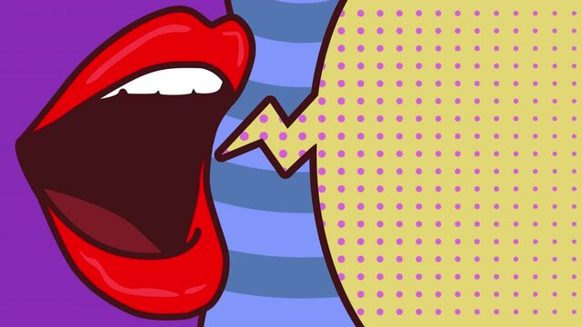 Animation of a woman\\\'s mouth with a cartoon bubble on a blue background