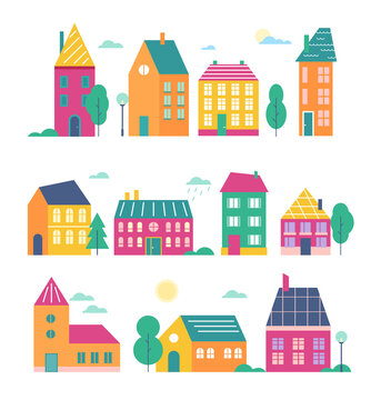 Town houses vector illustration set. Cartoon flat cute colorful urban variety buildings collection of modern and retro townhouse or cottage household facade with door, window, roof isolated on white