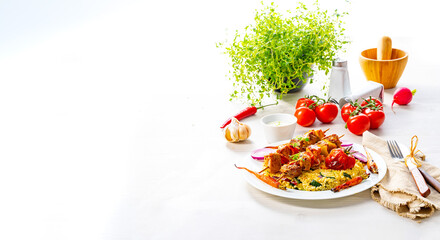 Shish kebabs with vegetables and bulgur