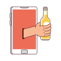 distant communication, hand holding bottle of beer through smartphone screen