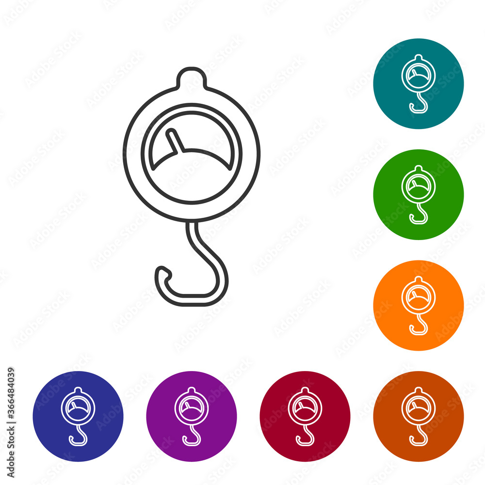 Poster black line spring scale icon isolated on white background. balance for weighing. determination of we