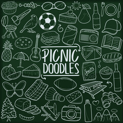 Picnic Recreation Nature. Family and Friends Camper Dinner. Traditional Doodle Icons Sketch Hand Made Design Vector. 